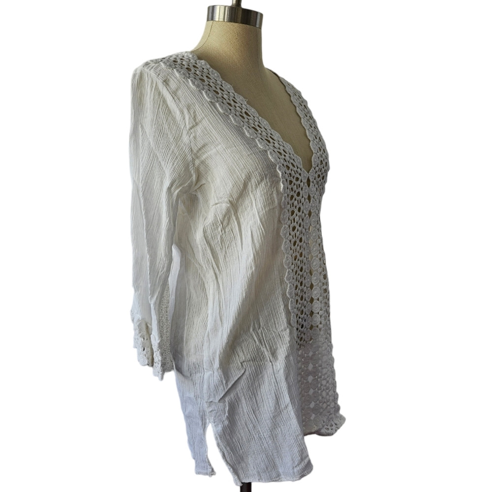 RAVIYA White Cotton Crochet Trim Cover Up | SZ M - Picture 3 of 13
